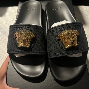 Black Slides with Gold Medusa Emblem